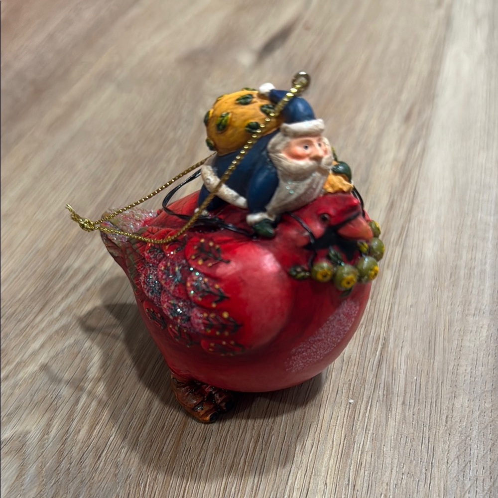 Whimsical Christmas Tree Ornament 4 inch Blue Santa Riding on Red Bird - Picture 2 of 7